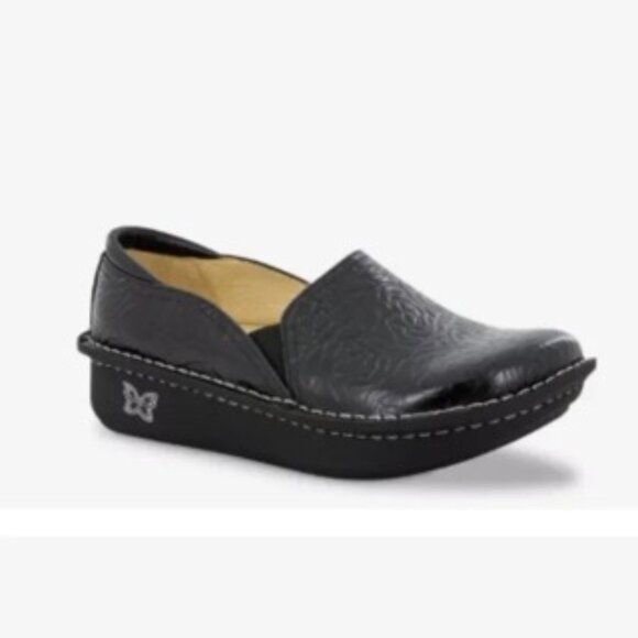 Alegria Black Leather Debra DEB-531 Floral Embossed Rose Slip On Clog Nurse 38 - Picture 1 of 7